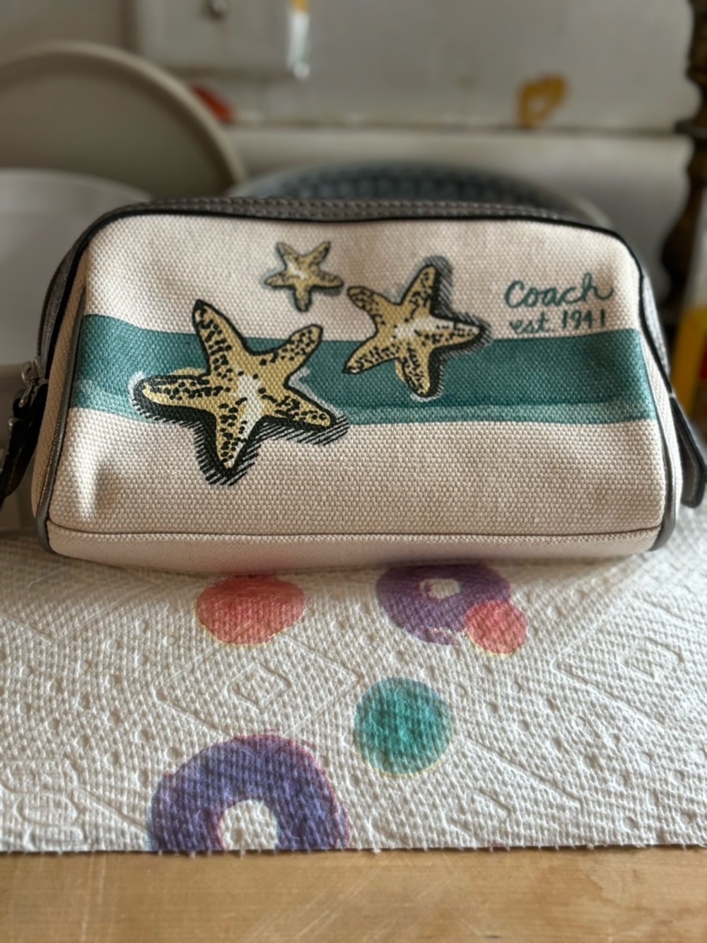 Coach Cream Canvas Starfish Cosmetic Pouch with Teal Stripe